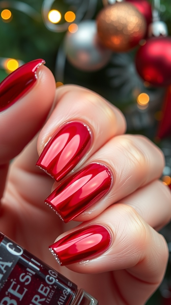 Red Chrome Christmas Nail Art Close-up of red chrome Christmas nails with glossy finish and glitter accents.
